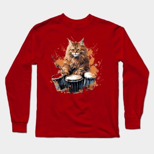 Maine Coon Cat Playing Drums Long Sleeve T-Shirt